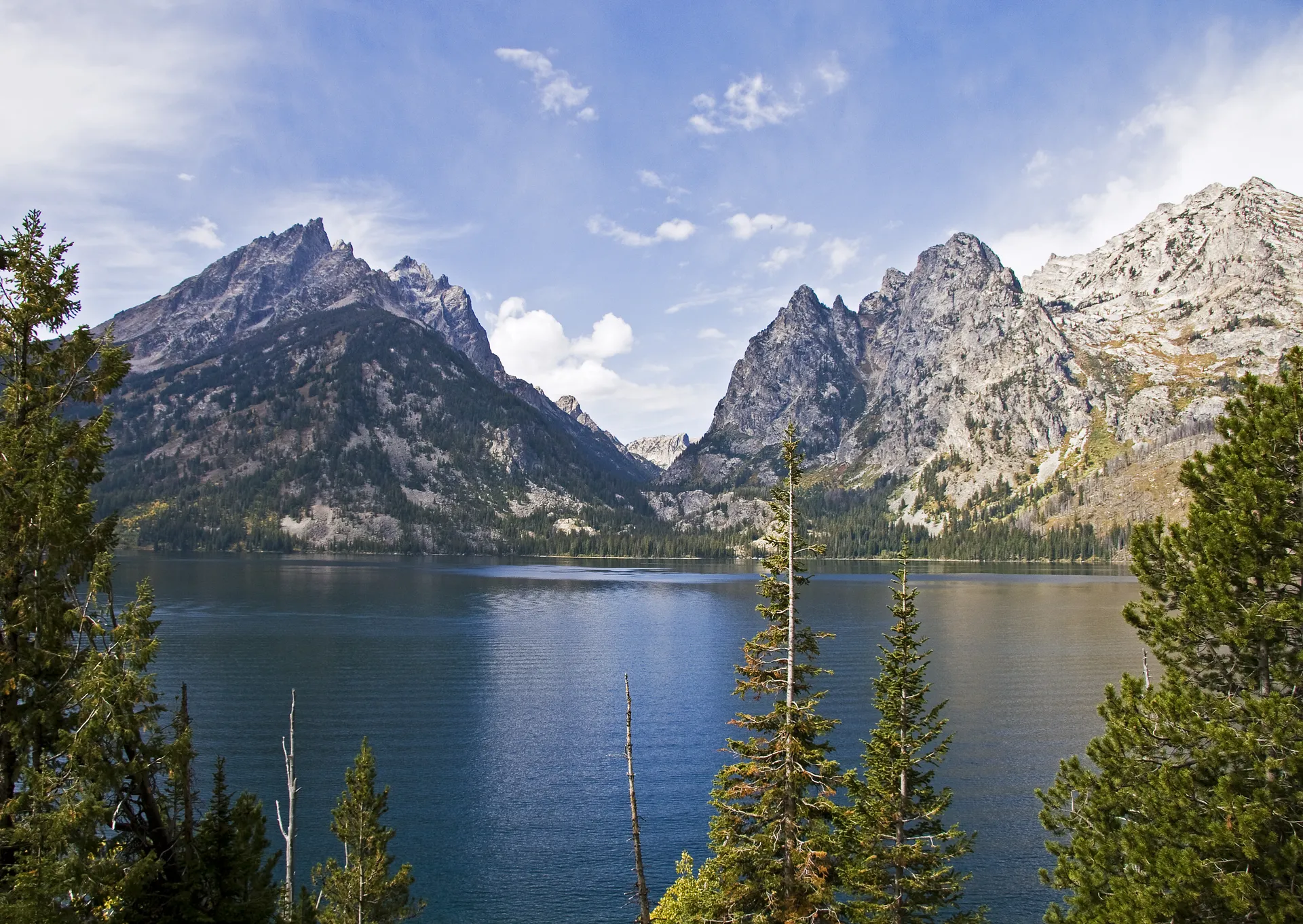 Jenny Lake, evergreen forest, rocky shore, and the mouth of Cascade Canyon